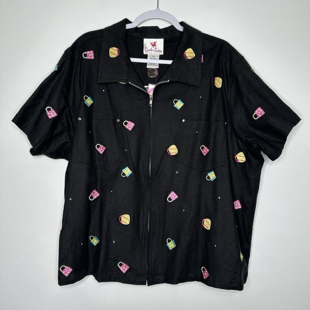 Quacker Factory Linen Shirt Sz 2X Purse Embroidered Black‎